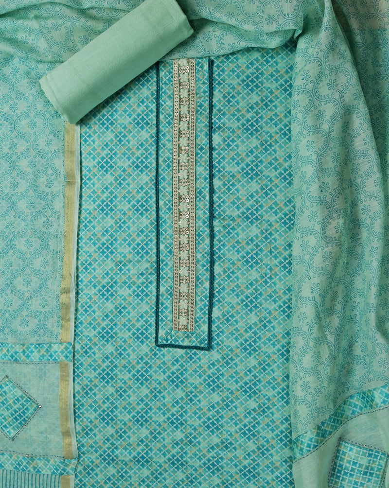 Blue Glace Cotton Suit with Applique Work Dupatta