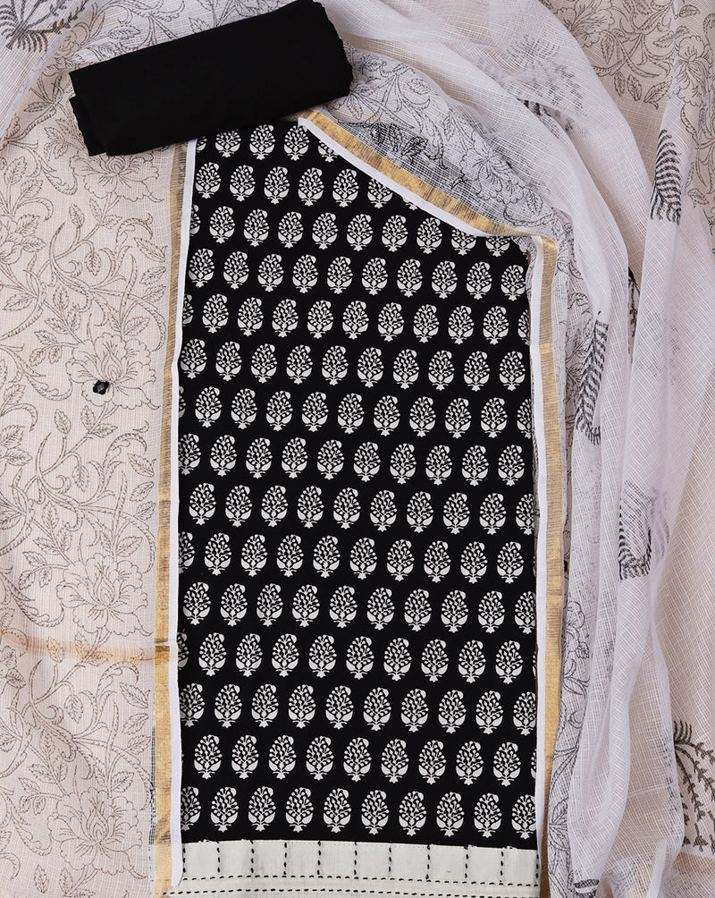 Black Cotton Suit with Kota Doriya Block Printed Dupatta