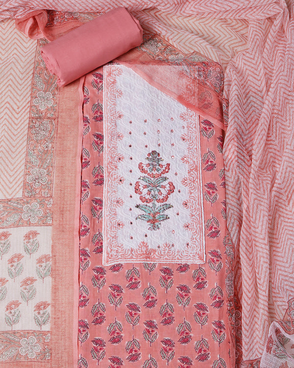 Peach Cotton Suit with Kota Doriya Block Print Dupatta