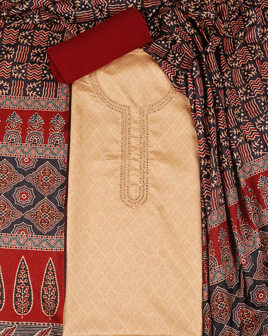 Beige Mirror Work Suit with Ajrakh Dupatta