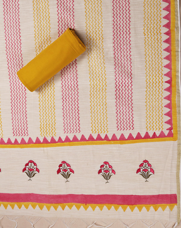 Yellow Jaipuri Print Coton Suit with Embroidered Dupatta