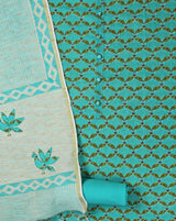 Rama Green Cotton Block Printed Suit with Applique Work Dupatta