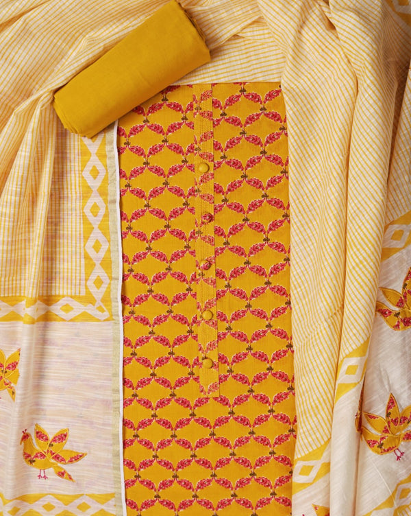 Yellow Cotton Block Printed Suit with Applique Work Dupatta