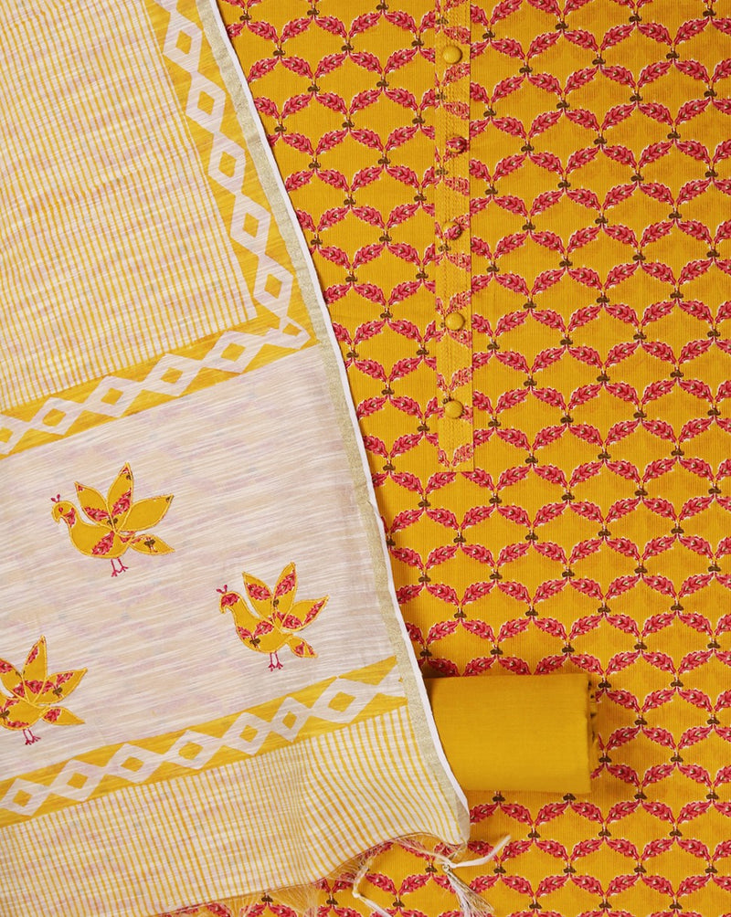 Yellow Cotton Block Printed Suit with Applique Work Dupatta