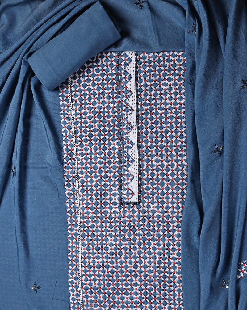 Blue Cotton Geometrical print Suit with Mirror Work Dupatta