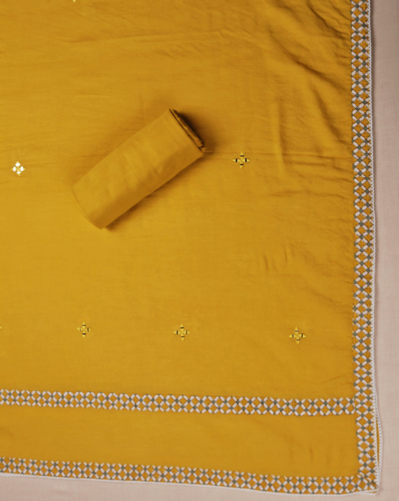 Yellow Cotton Geometrical print Suit with Mirror Work Dupatta