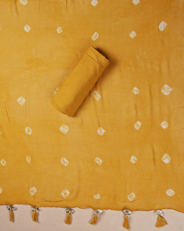 Mustard Jaipuri Print Cotton Mirror Work Suit with Chiffon Bandhani Dupatta