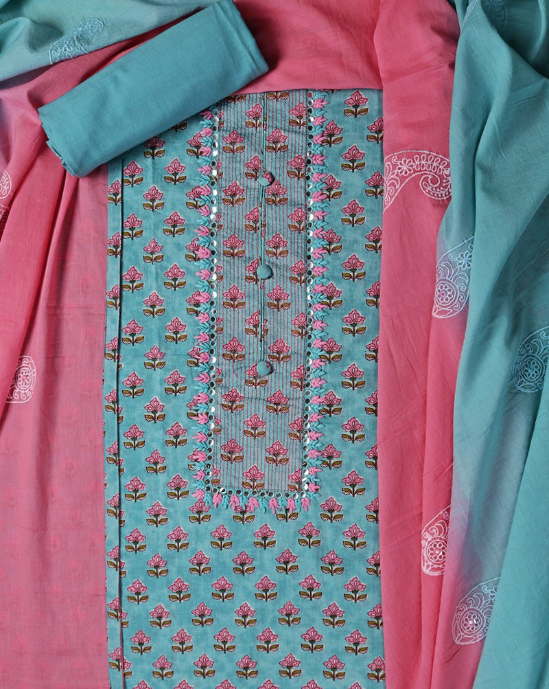 Blue Cotton Suit with Embroidered Dupatta