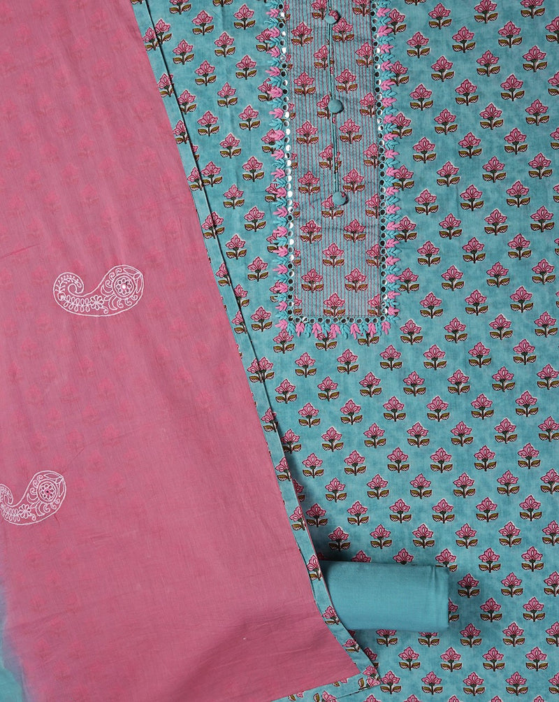 Blue Cotton Suit with Embroidered Dupatta