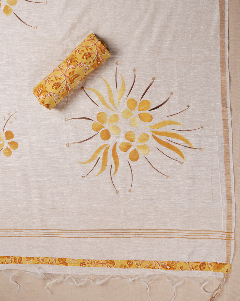 Yellow Jaipuri Print Cotton Suit with Hand Brush Painted Dupatta