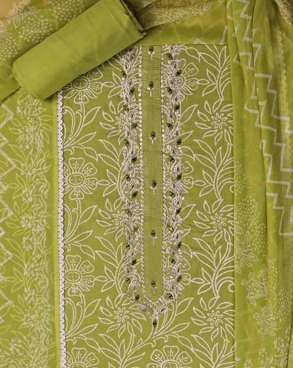 Green Cotton Pittan Work Suit with Chiffon Dupatta