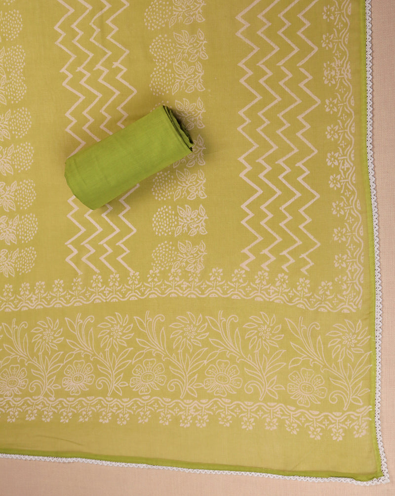 Green Cotton Pittan Work Suit with Chiffon Dupatta