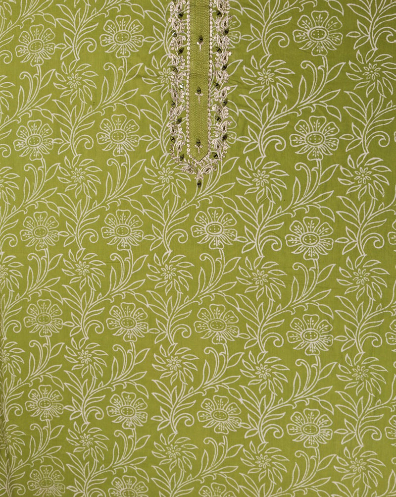 Green Cotton Pittan Work Suit with Chiffon Dupatta