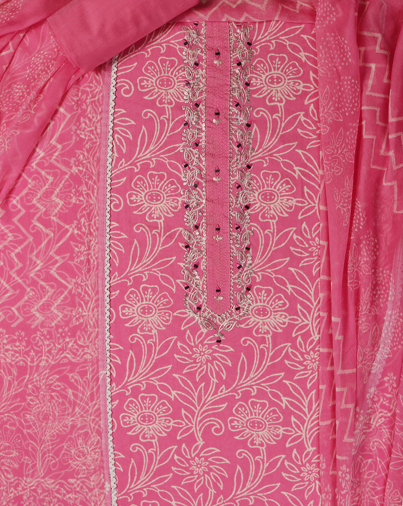 Pink Cotton Pittan Work Suit with Chiffon Dupatta