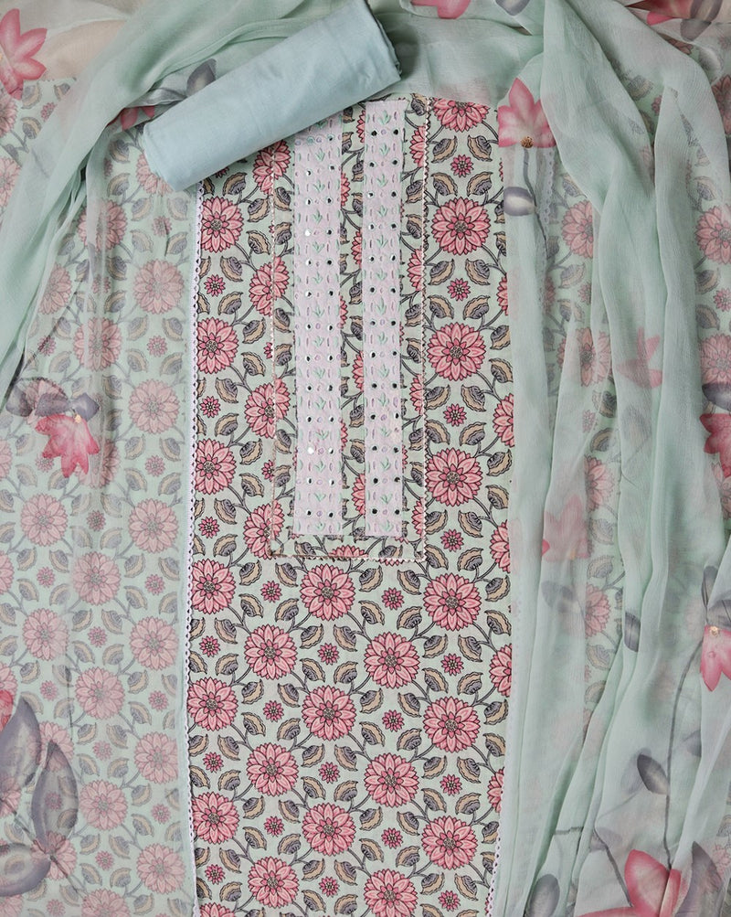 Light Green Jaipuri Print Cotton Suit with Hand Brush Painted Dupatta