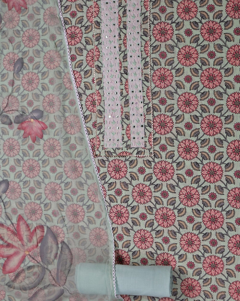 Light Green Jaipuri Print Cotton Suit with Hand Brush Painted Dupatta