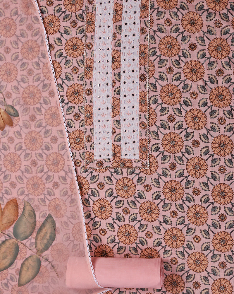 Peach Jaipuri Print Cotton Suit with Hand Brush Painted Dupatta