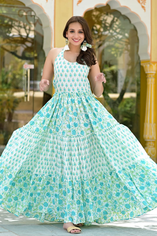 Halterneck Floral Print Cotton Dress
