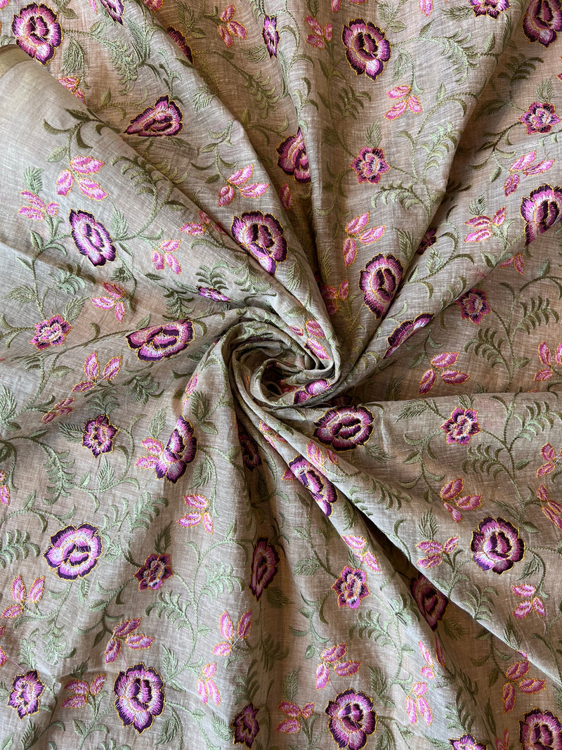 Beige Handloom Chanderi Embriodered Fabric