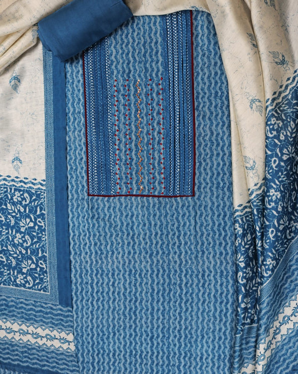 Blue Chanderi Printed Pintex Suit with Hand Work