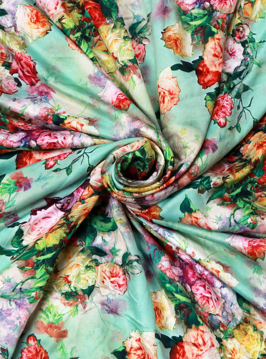 Green Satin Printed Fabric