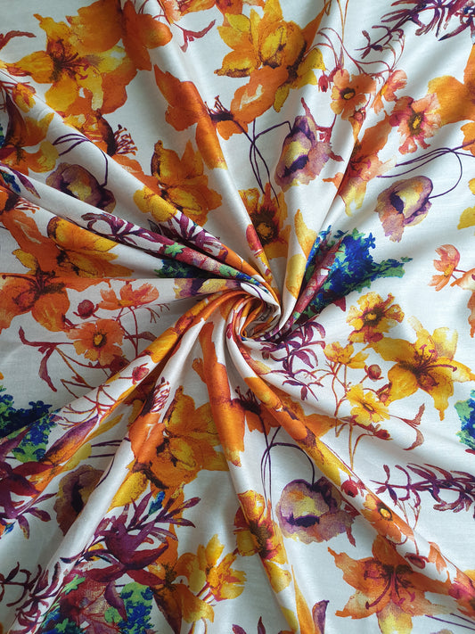 Orange Floral Print Bhagalpuri Fabric