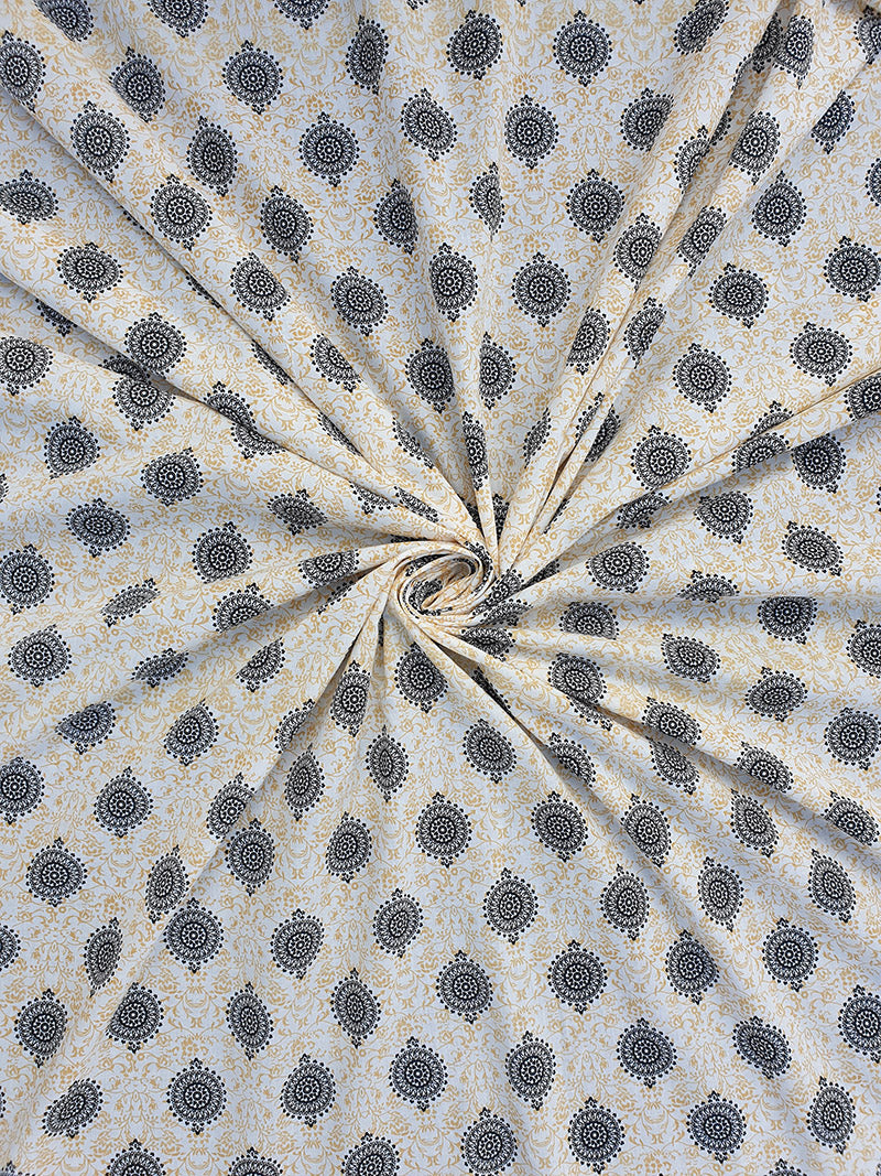 Off White Cotton Fabric with Black Motifs