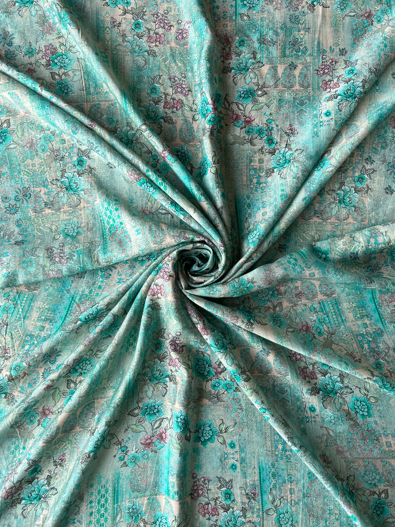 Aqua Blue Abstract Print Muslin Fabric