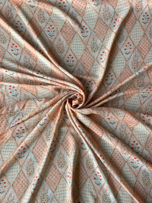 Peach Buti Jaal Print Muslin Fabric