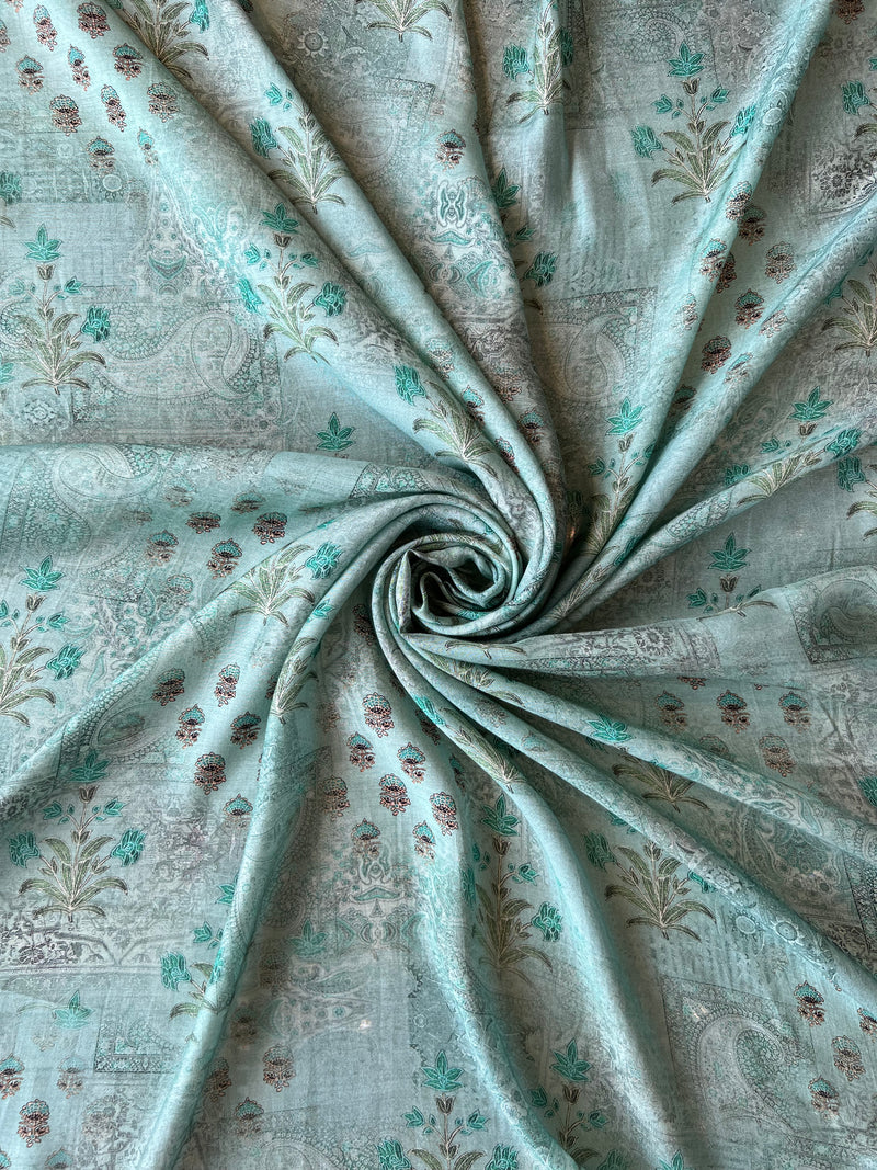 Aqua Blue Buti Abstract Print Muslin Fabric