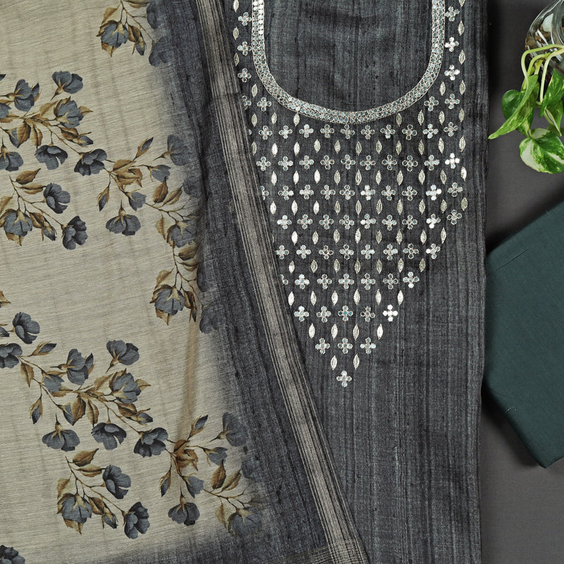 Grey Hand Gota Suit Set with Floral Dupatta
